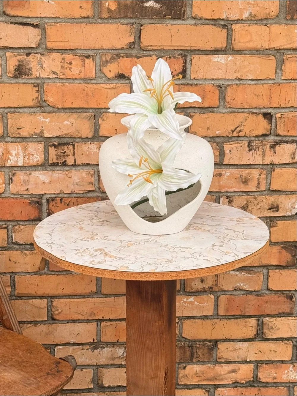 Mid Century Modern White Decorative Ceramic Vase with Cutout & Silk Florals